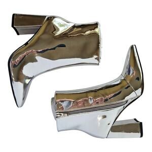 MATIKO Women 7 Lucinda Boots Silver Metallic Mirror Pointed Toe Block Heel NEW